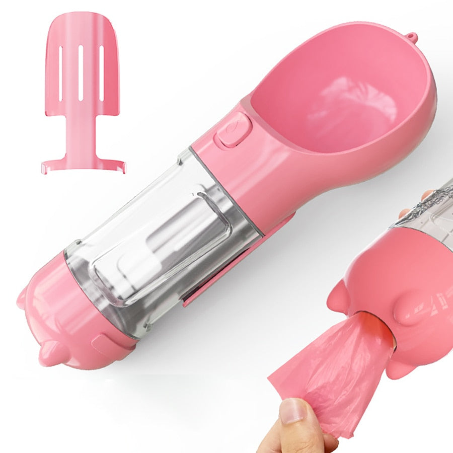 pink Multifunction Portable Pet Water Bottle & Feeder