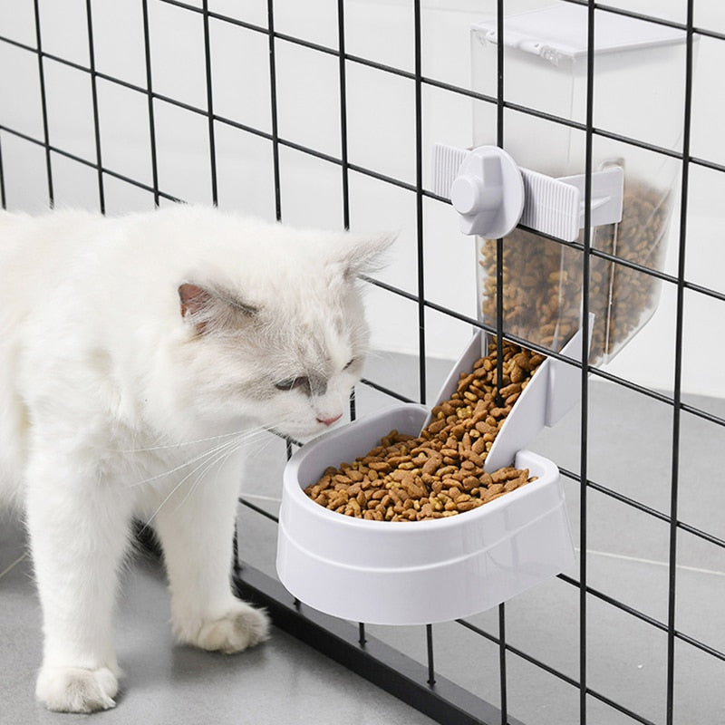 White Automatic Pet Feeder Cage Hanging Bowl Water Bottle Food Container